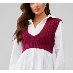 For Love & Lemons Layton Cropped Knit Vest Burgundy Size Medium NWT Cable Knit